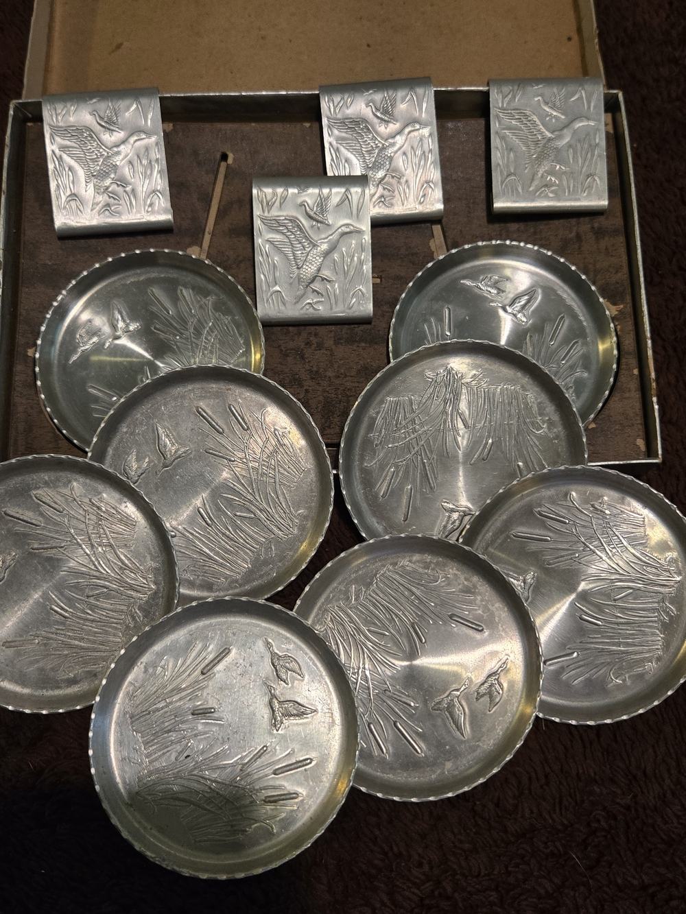 Vintage Silver Tone Metal Coasters with Bird & Reed Motif - Set